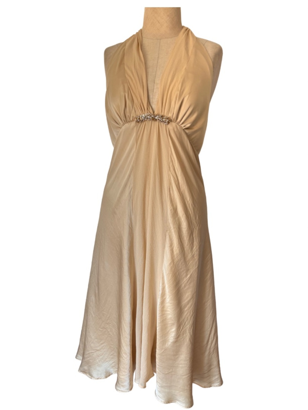 White House Black Market Vtg Y2K Silk Cream Organza Satin Dress Formal Halter 2